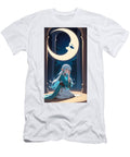 A Half Elf Cleric Kneeling Under a Massive Crescent Moon Her Hands Clutching a Glowing Amulet Hamza Khan T-Shirt