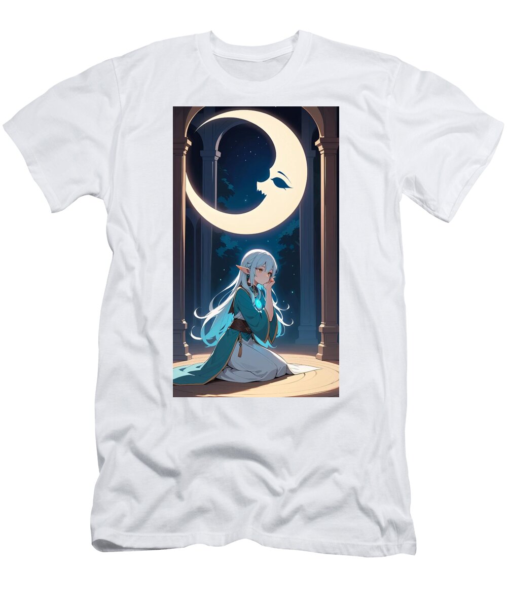 A Half Elf Cleric Kneeling Under a Massive Crescent Moon Her Hands Clutching a Glowing Amulet Hamza Khan T-Shirt