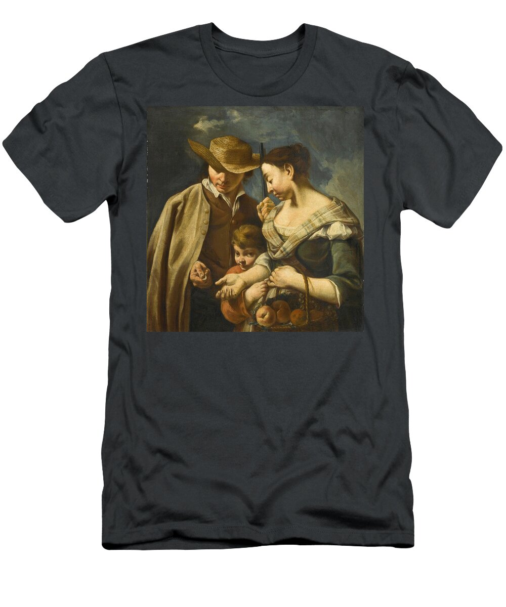 A Hunter Handing Coins to a Fruit Seller a Child Clutching Her Apron Francesco Maggiotto T-Shirt