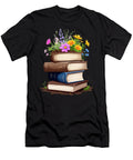 A Large Stack of Books and Colorful Field Flowers Growing on Th Joanna Redesiuk T-Shirt