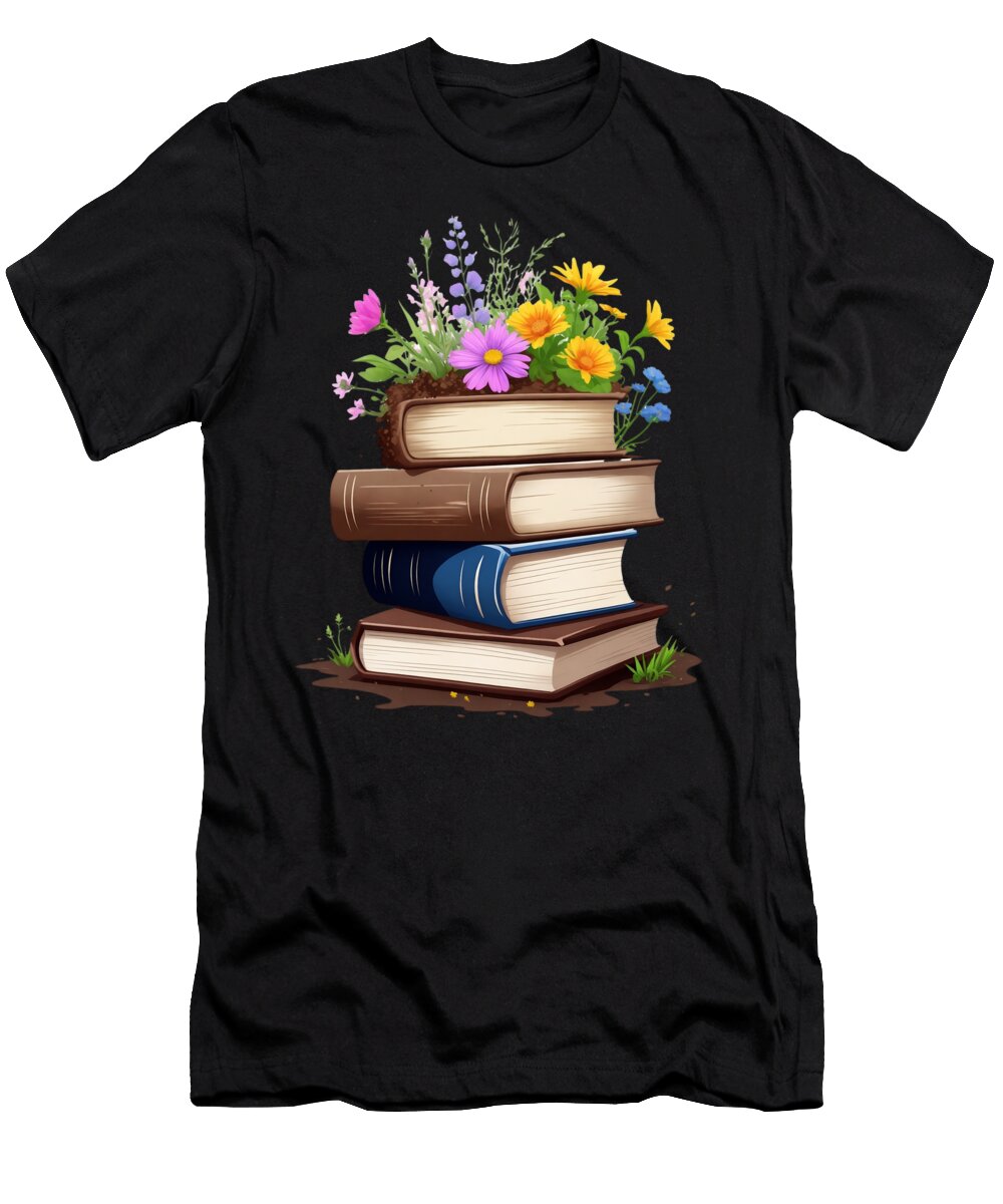 A Large Stack of Books and Colorful Field Flowers Growing on Th Joanna Redesiuk T-Shirt