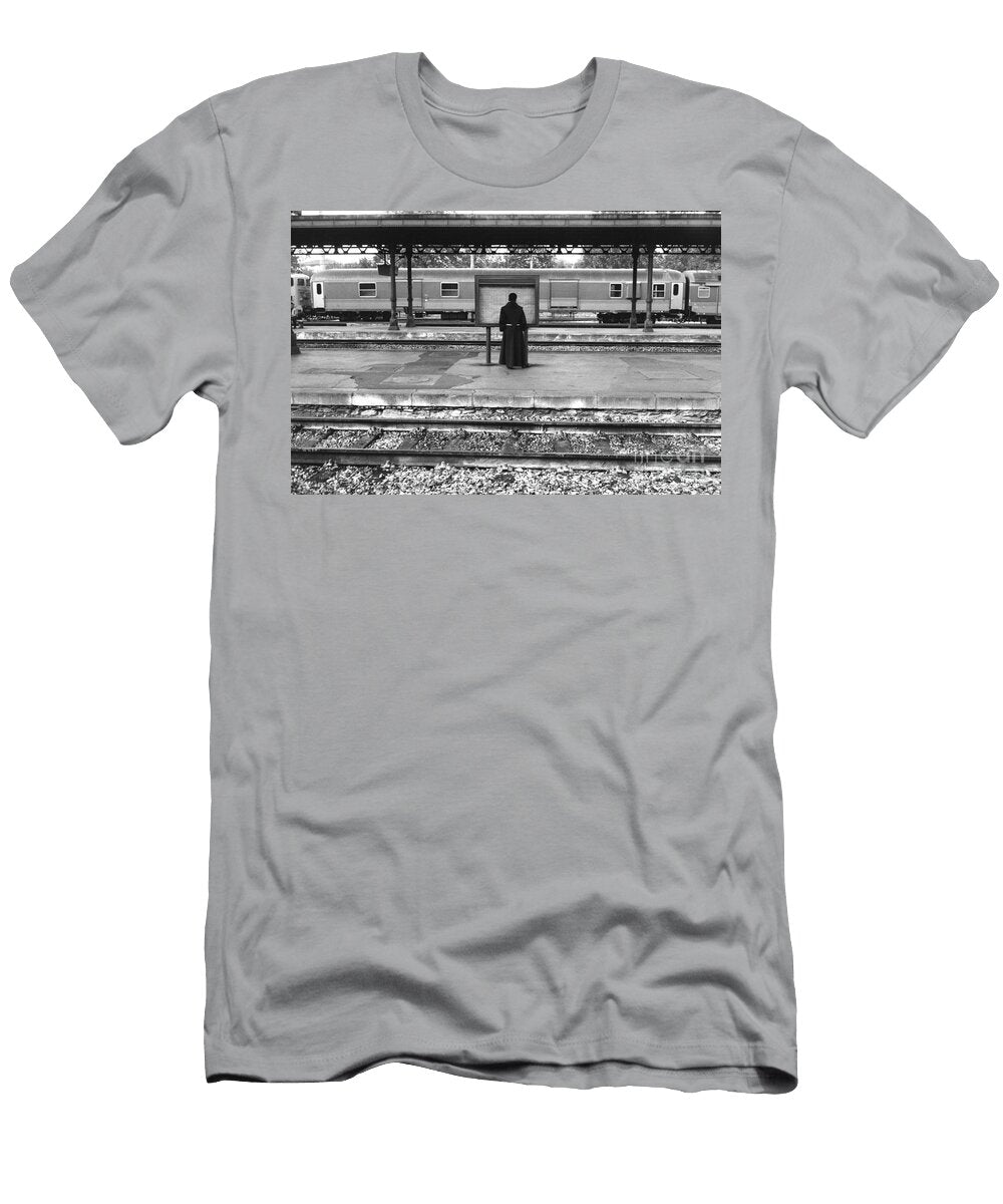 A Monk on a Station Quay Consulting the Schedules of Trainsfrance City Not Identified T-Shirt
