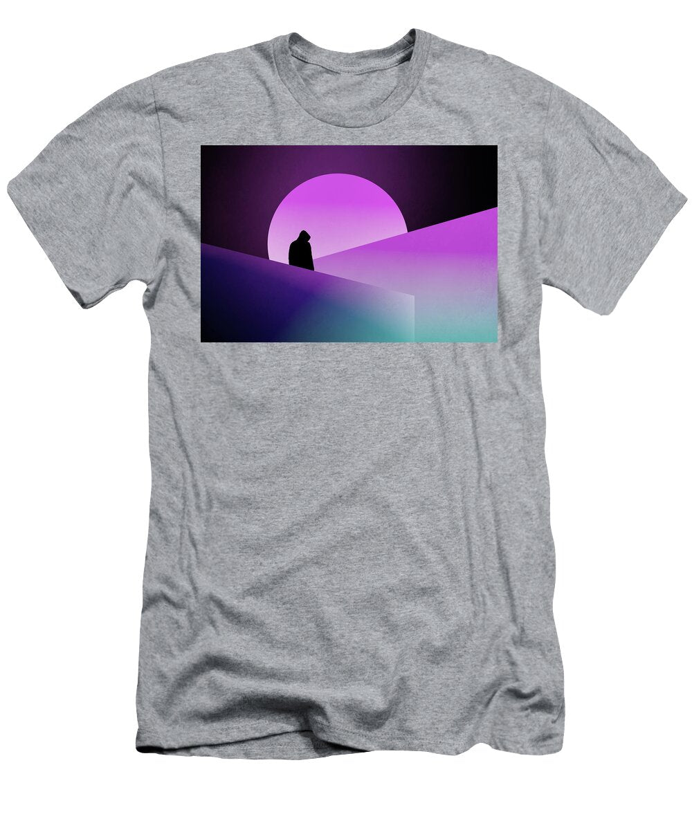 A Mysterious Hooded Figure Silhouetted Against Neon Shapes David Wall T-Shirt