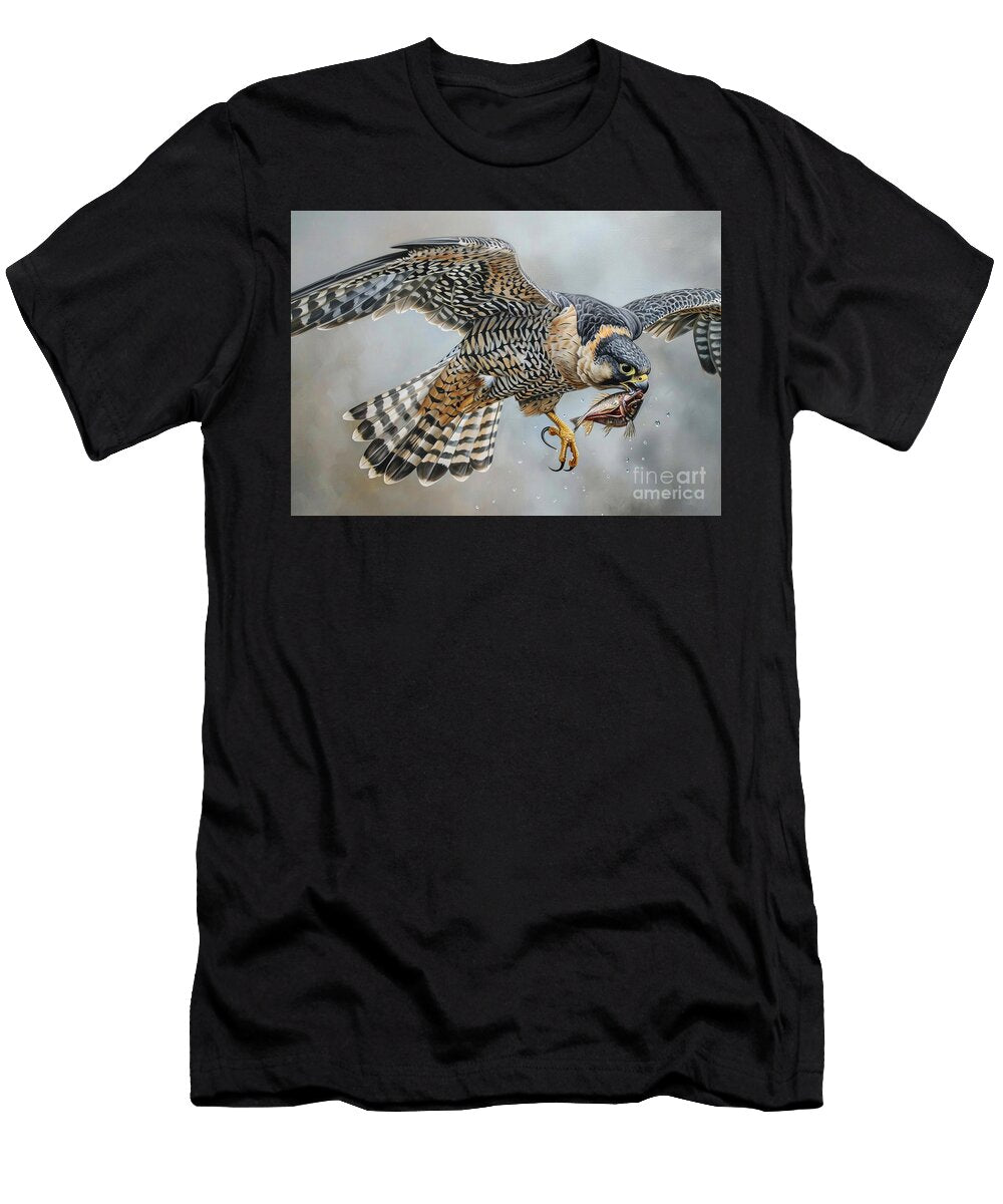 A Peregrine Falcon Clutching Its Prey Mid Air Showcasing Its Hunting Prowess Donato Williamson T-Shirt