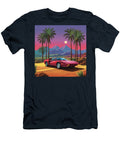 A Red Sports Car Sits in a Desert Landscape Under a Full Moon Jerry Wilkinson T-Shirt