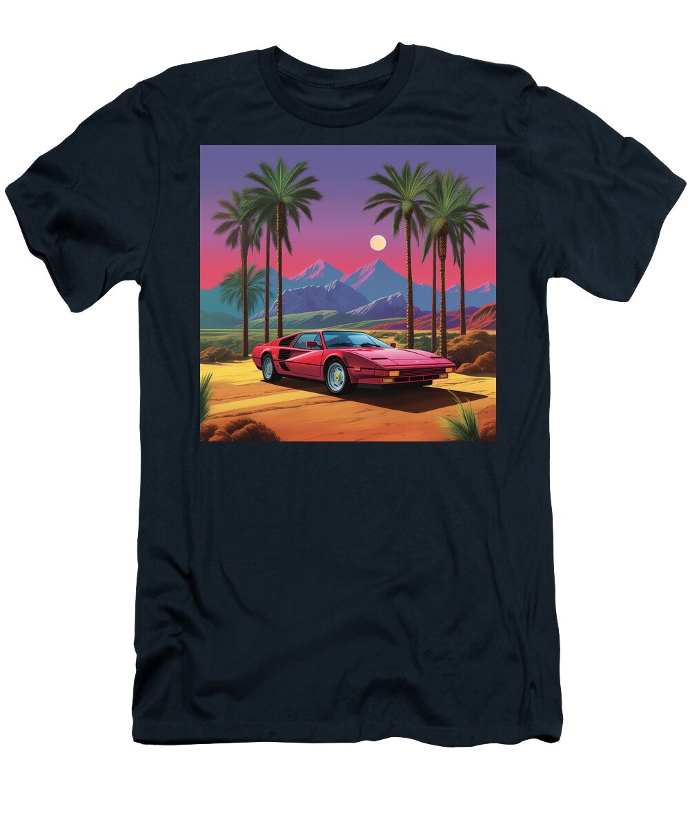 A Red Sports Car Sits in a Desert Landscape Under a Full Moon Jerry Wilkinson T-Shirt