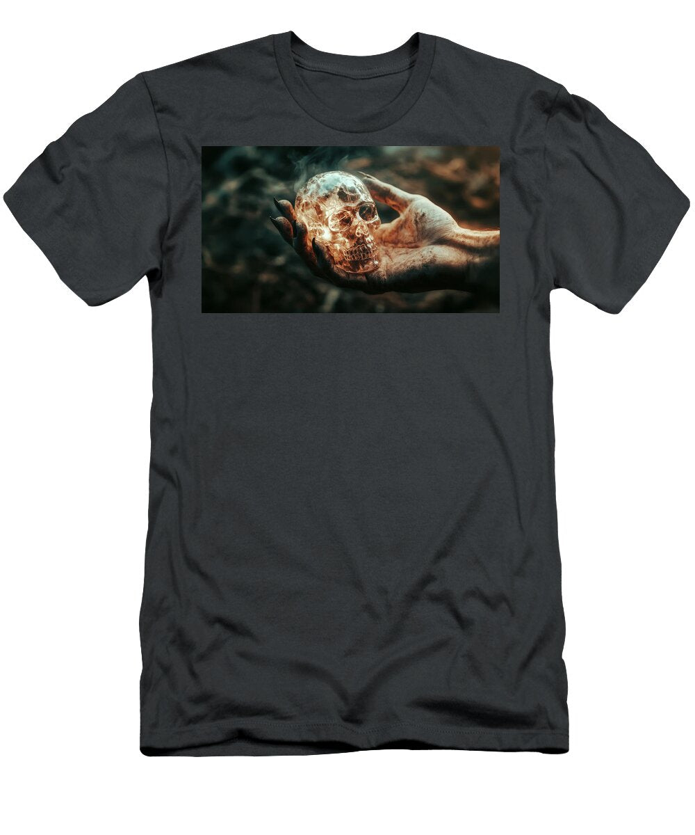 A Skeletal Hand Clutches a Glowing Skull in a Shadowy Forest Makenna Reilly T-Shirt