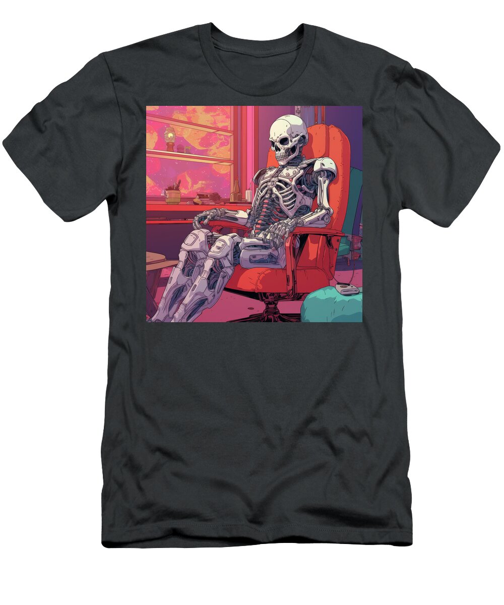 A Skeletal Robot Sits in a Red Armchair Gazing Out At a Pink an Adeniyan Adeboye T-Shirt