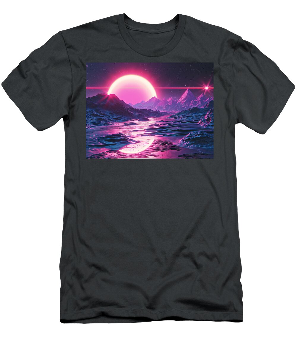A Surreal Landscape with a Pink Sun Setting Over a River Winding Engeland Daniela T-Shirt