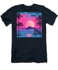A Surreal Neon Hued Landscape with Palm Trees a Large Moon an Lolade Abiola T-Shirt
