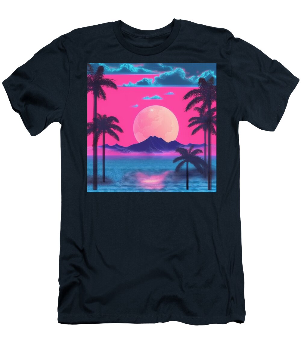 A Surreal Neon Hued Landscape with Palm Trees a Large Moon an Lolade Abiola T-Shirt