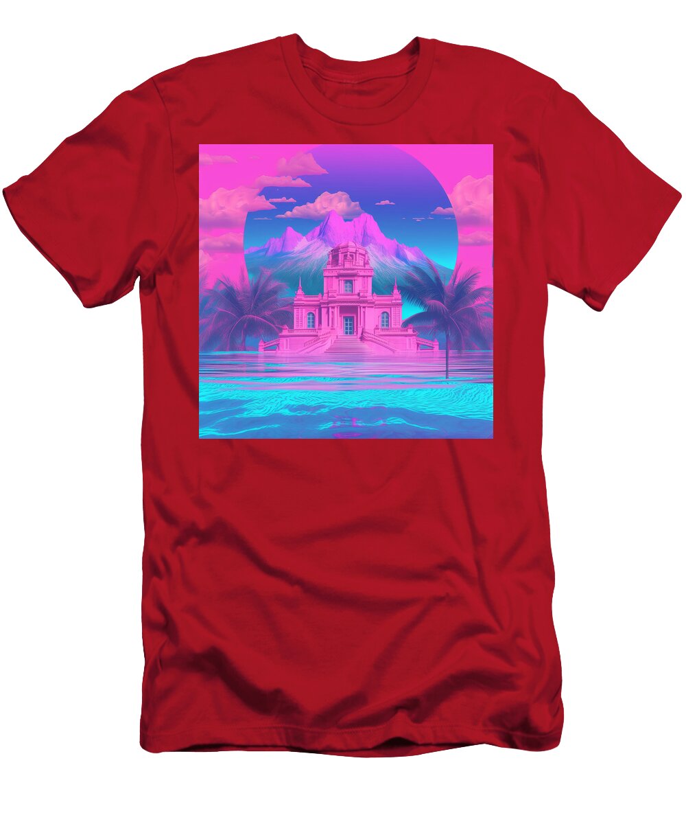 A Surreal Vibrant Landscape with a Majestic Building Palm Tree Adeniyan Adeboye T-Shirt