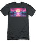 A Vibrant Synthwave Inspired Landscape with a Large Sun and Mou Josue Canon T-Shirt