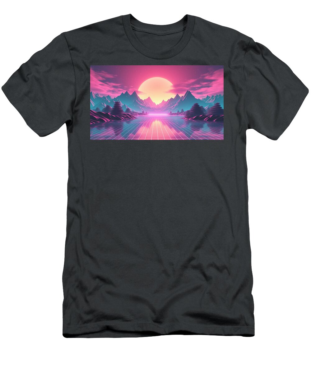 A Vibrant Synthwave Inspired Landscape with a Large Sun and Mou Josue Canon T-Shirt