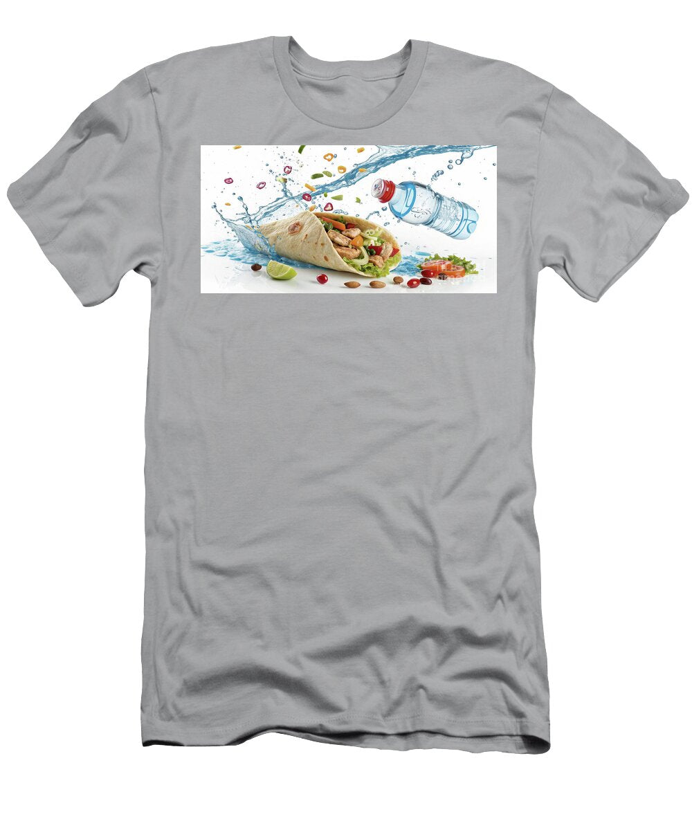 A Vibrant Wrap Filled with Grilled Chicken and Fresh Vegetables Is Paired with a Splash of Water Odon Czintos T-Shirt