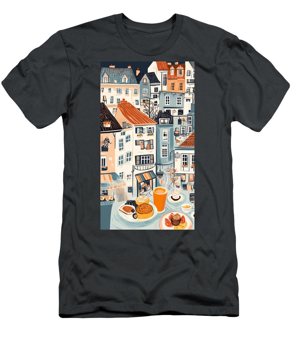 A Whimsical Illustration of a Quaint European Town with a Cozy C Prasettyo Deckow T-Shirt