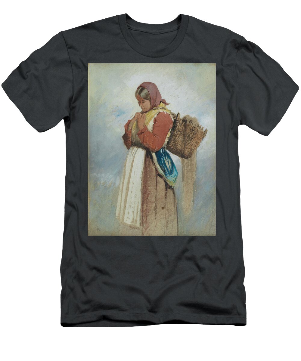A Woman Dressed in Traditional Attire Carries a Wicker Basket on Her Back Clutching a Shawl Around Motionage Designs T-Shirt