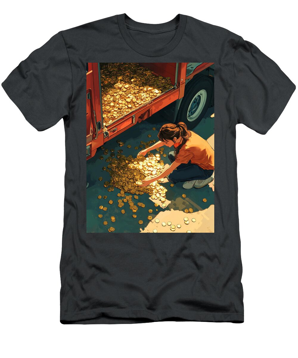 A Young Woman Gathers Coins Spilling From a Truck Michaux Yanis T-Shirt