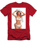 A Young Woman in a White Swimsuit Looks Startled Clutching a to Alexa Adams T-Shirt