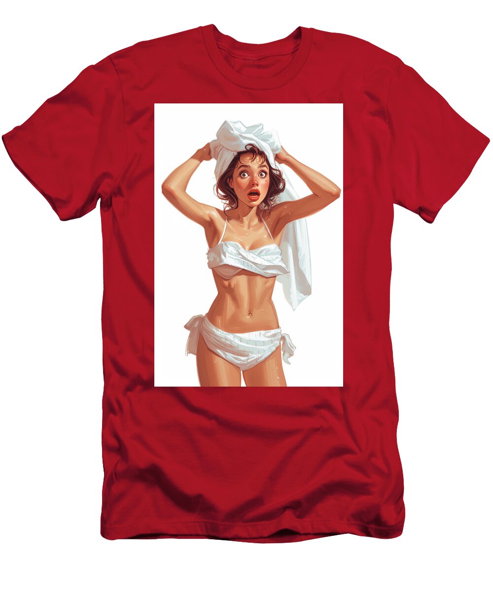 A Young Woman in a White Swimsuit Looks Startled Clutching a to Alexa Adams T-Shirt