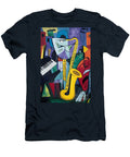 Abstract Composition Featuring Saxophone and Keyboard with Geometric Shapes and Bright Colors Olfactoart Studio T-Shirt