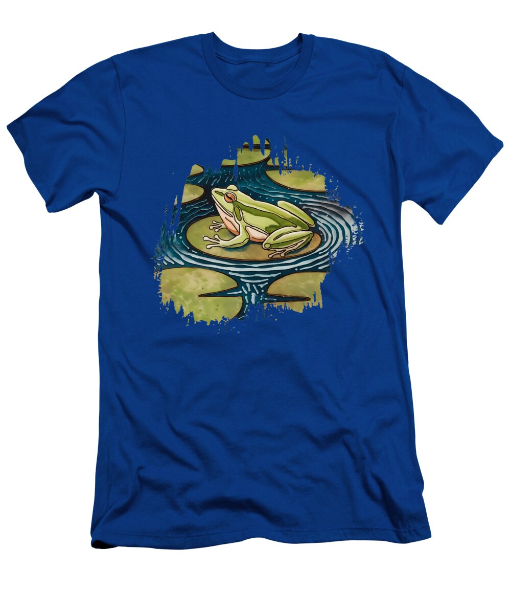 Abstract Watercolor Painting of a Green Frog on a Lily Pad in a Pond Mounir Khalfouf T-Shirt