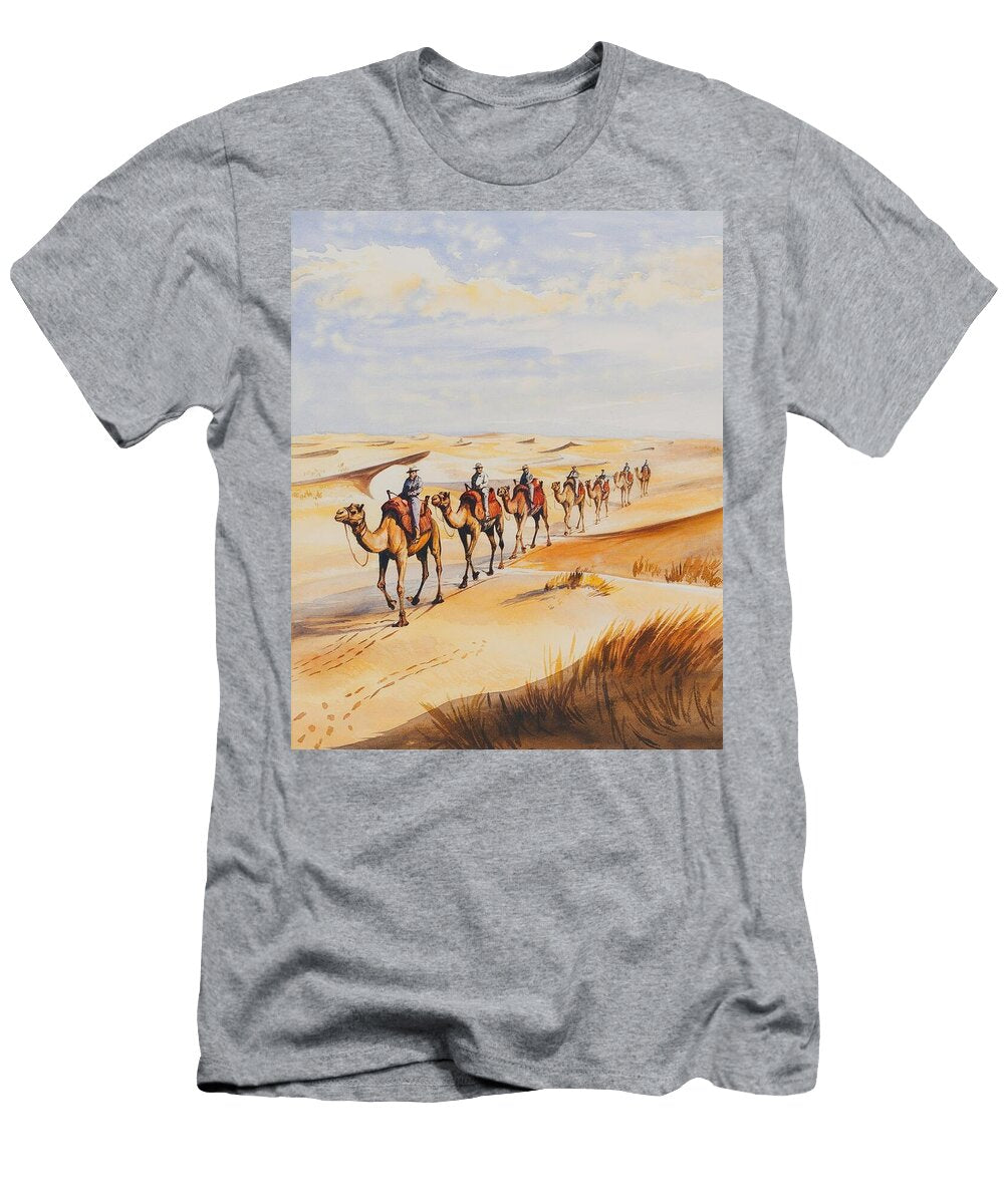 Across the Dunes a Caravans Desert Journey Painting Camels Mounir Khalfouf T-Shirt