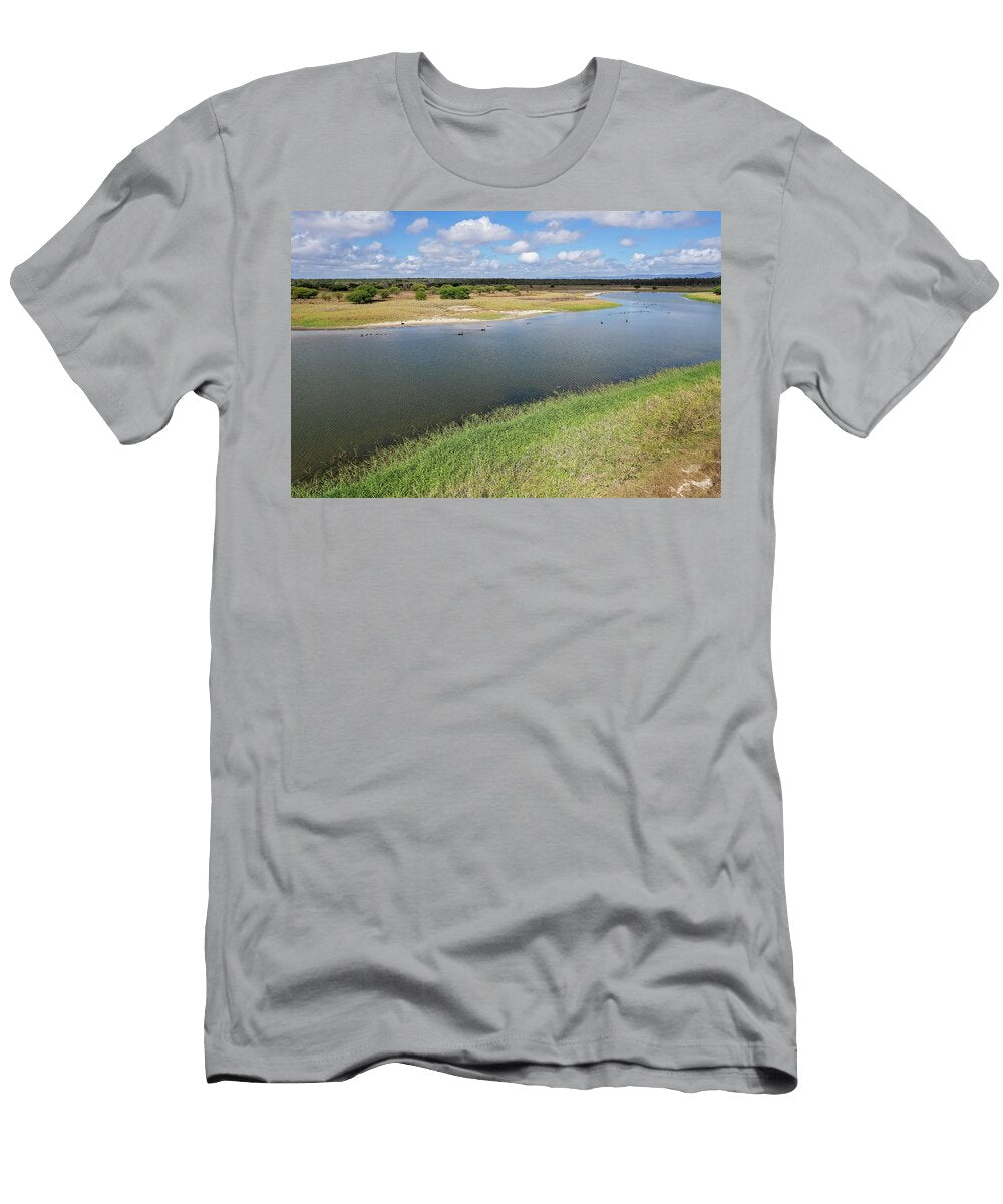 Aerial of Swans Swimming in Wetlands Michele Jackson T-Shirt