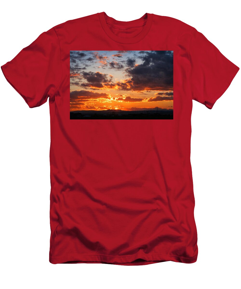 Airplane Soaring Through Dramatic Sunset Mario G Rivera T-Shirt