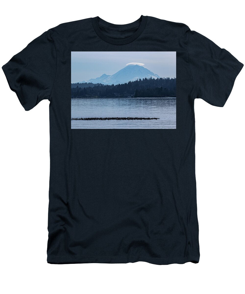 American Coots with a View of Mount Rainier Ez Lorenz Imagery T-Shirt