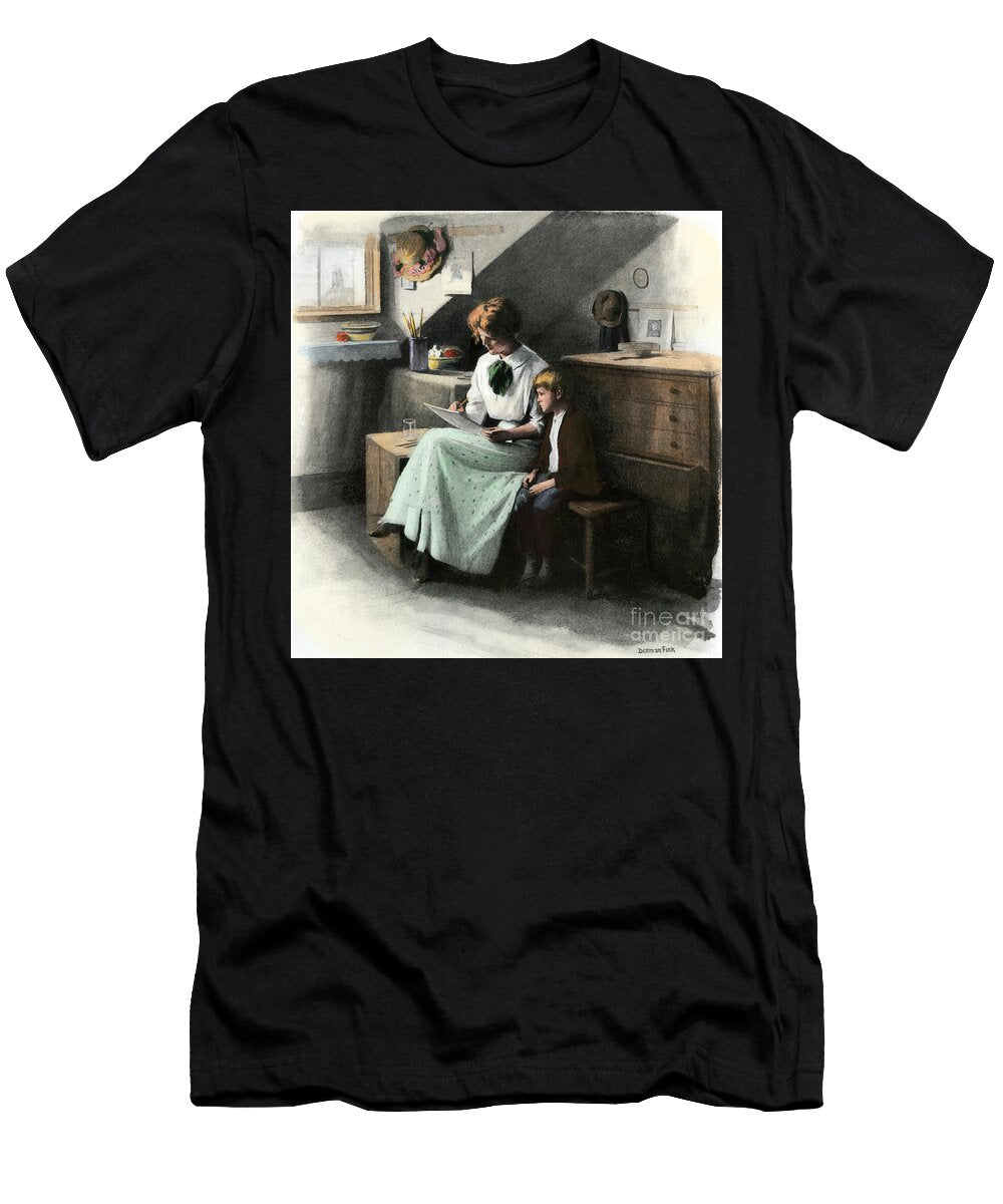 American Daily Life Mother Holding a Block of Paper and a Pencil Helping Her Son Do His Homework Around 1900 Colour Engraving Based on an Illustration By Denman Fink Early 20th Century American School T-Shirt