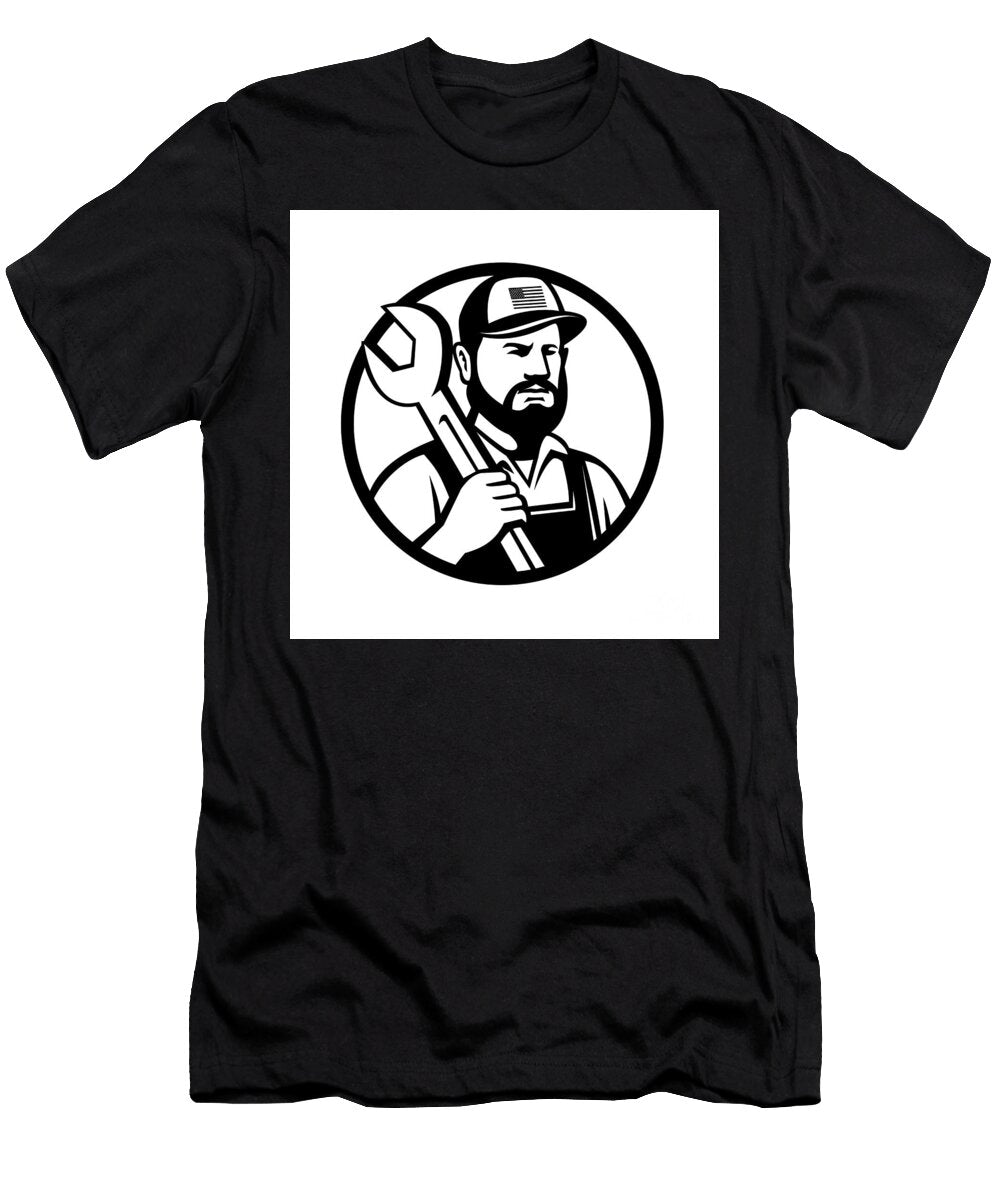 American Hipster Mechanic with Spanner Circle Mascot Retro Style Aloysius Patrimonio T-Shirt