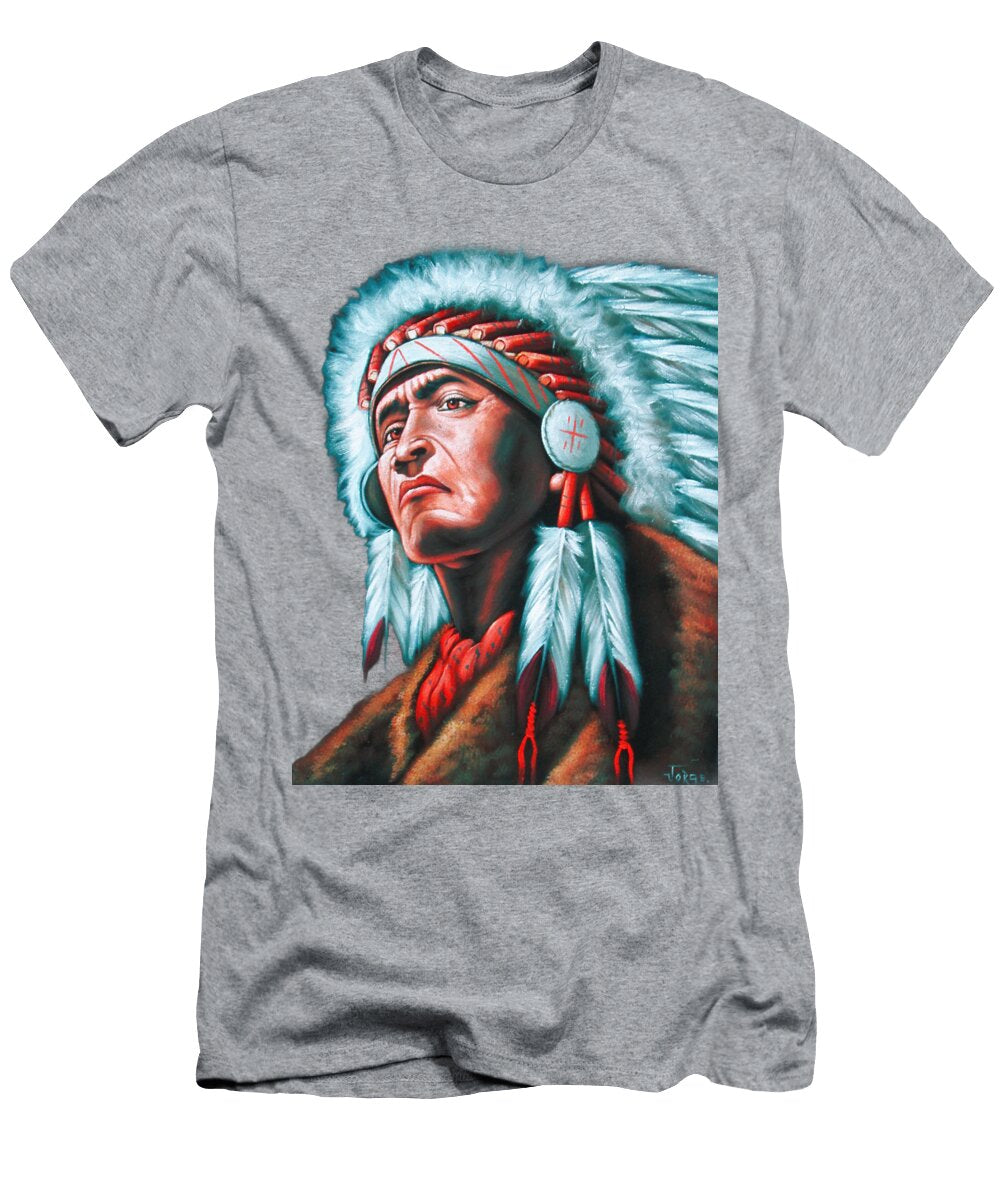 American Indian Chief in Feathered Battle Headdress Oil on Velvet By Jorge Torrones Jorge Terrones T-Shirt