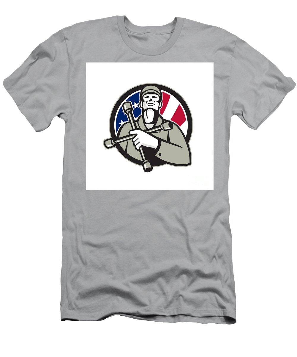 American Tire Mechanic Holding Tire Wrench USA Flag Circle Retro Aloysius Patrimonio T-Shirt