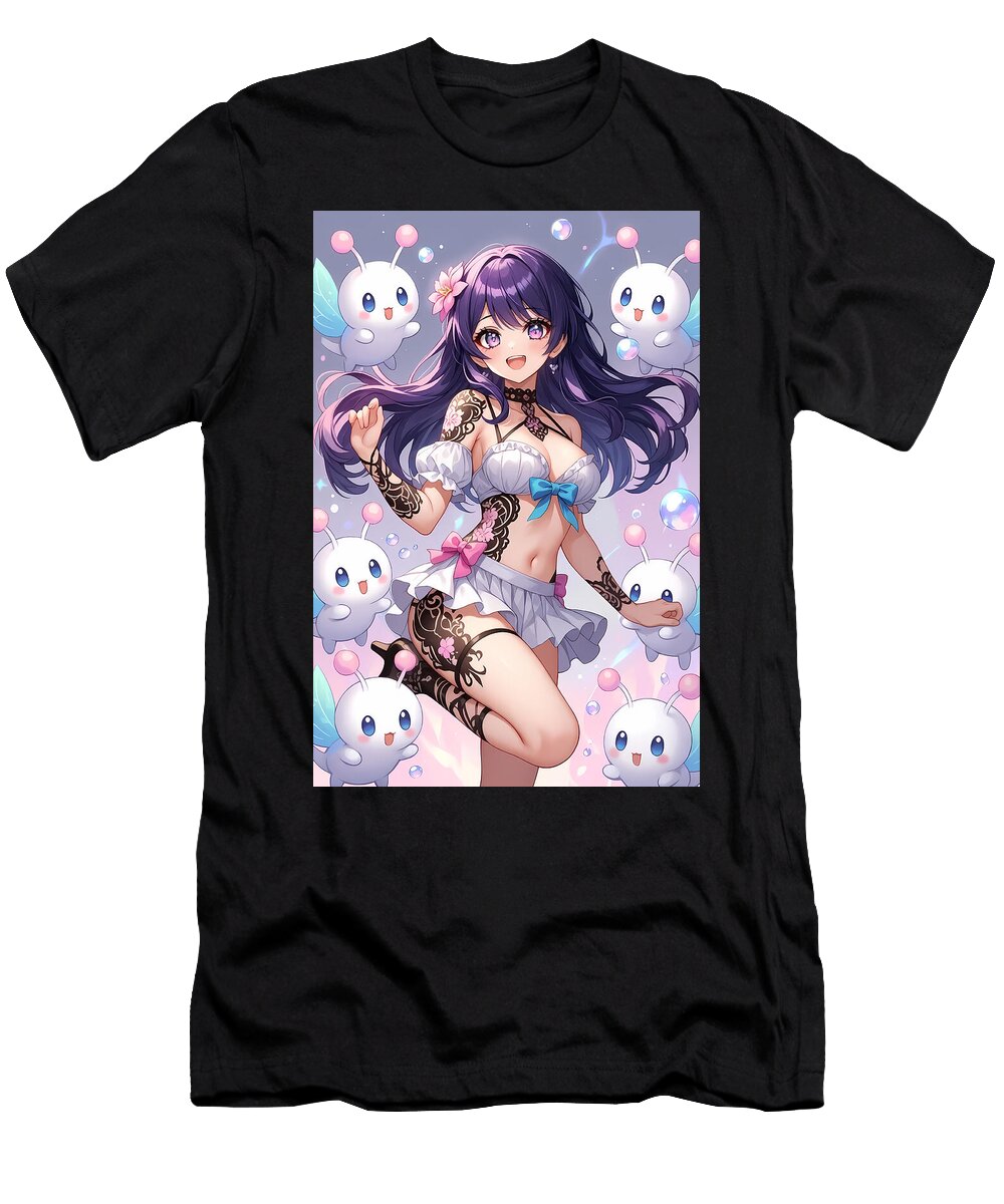 Anime Girl with Cute Floating Creatures Tricky Woo T-Shirt