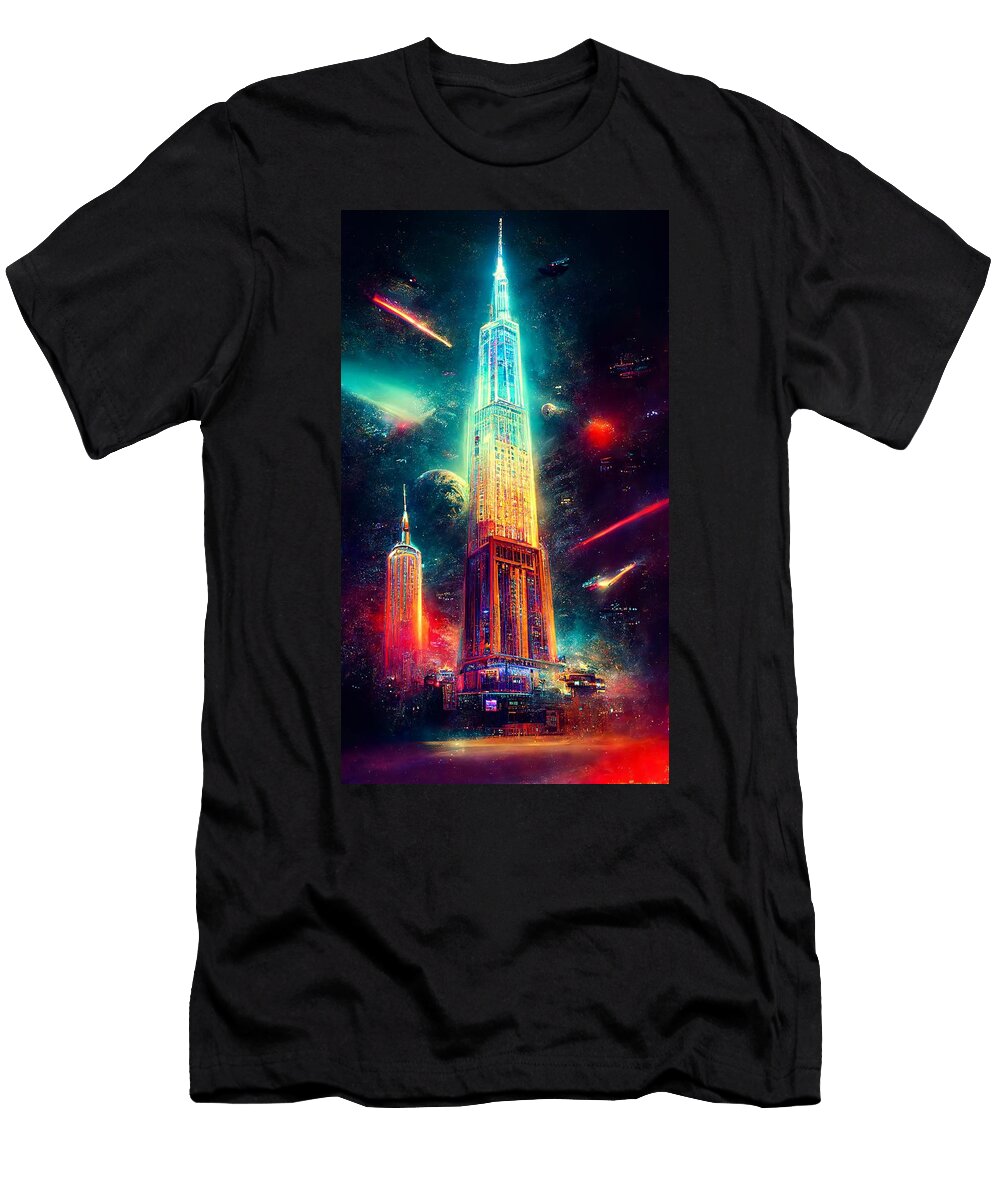 Arcade Empire State Building in Neon Light Raven Rockwood T-Shirt