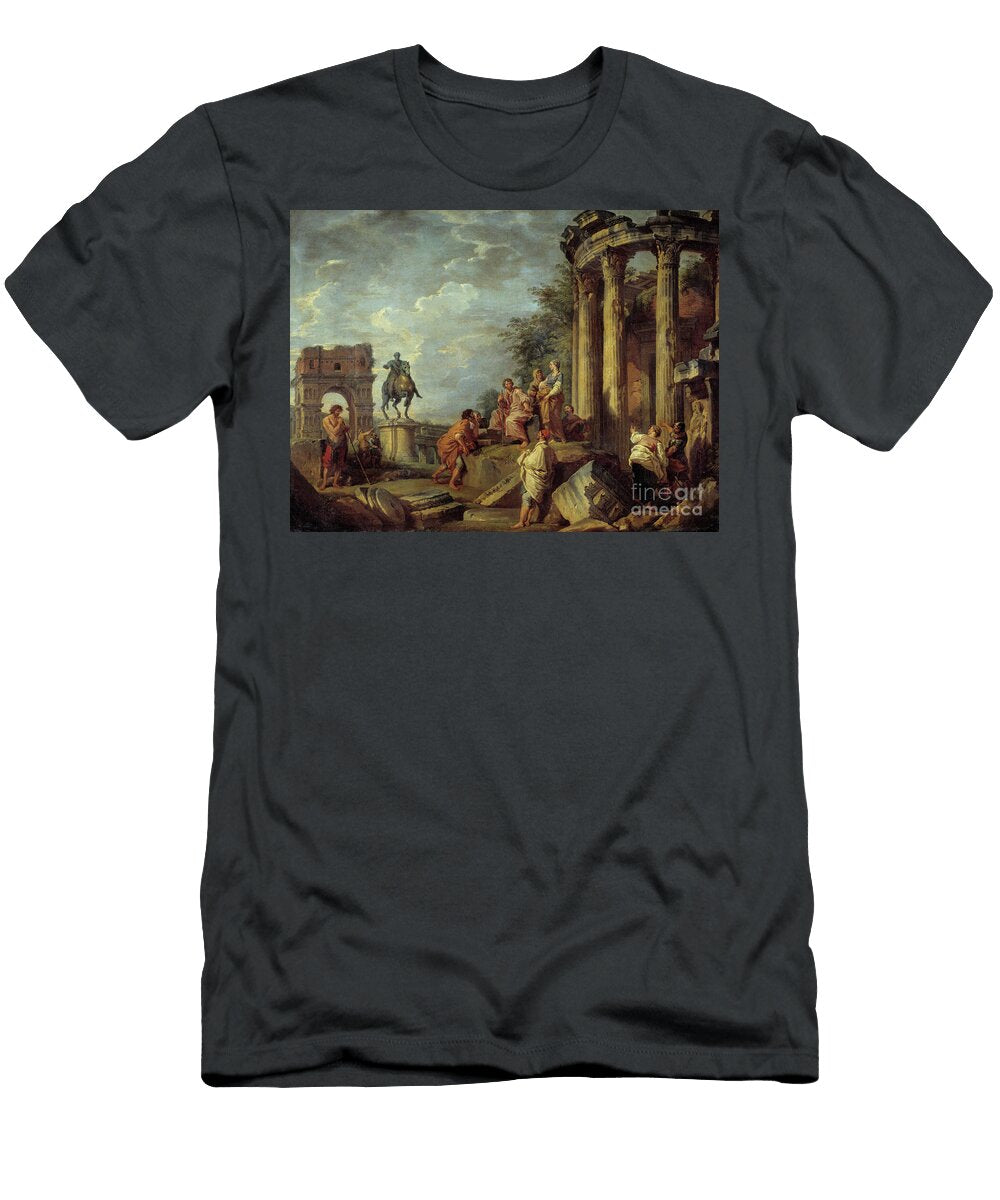 Architectural Ruins with the Arch of Janus the Temple of Vesta and the Statue of Marco Aurelio Giovanni Paolo Pannini or Panini T-Shirt