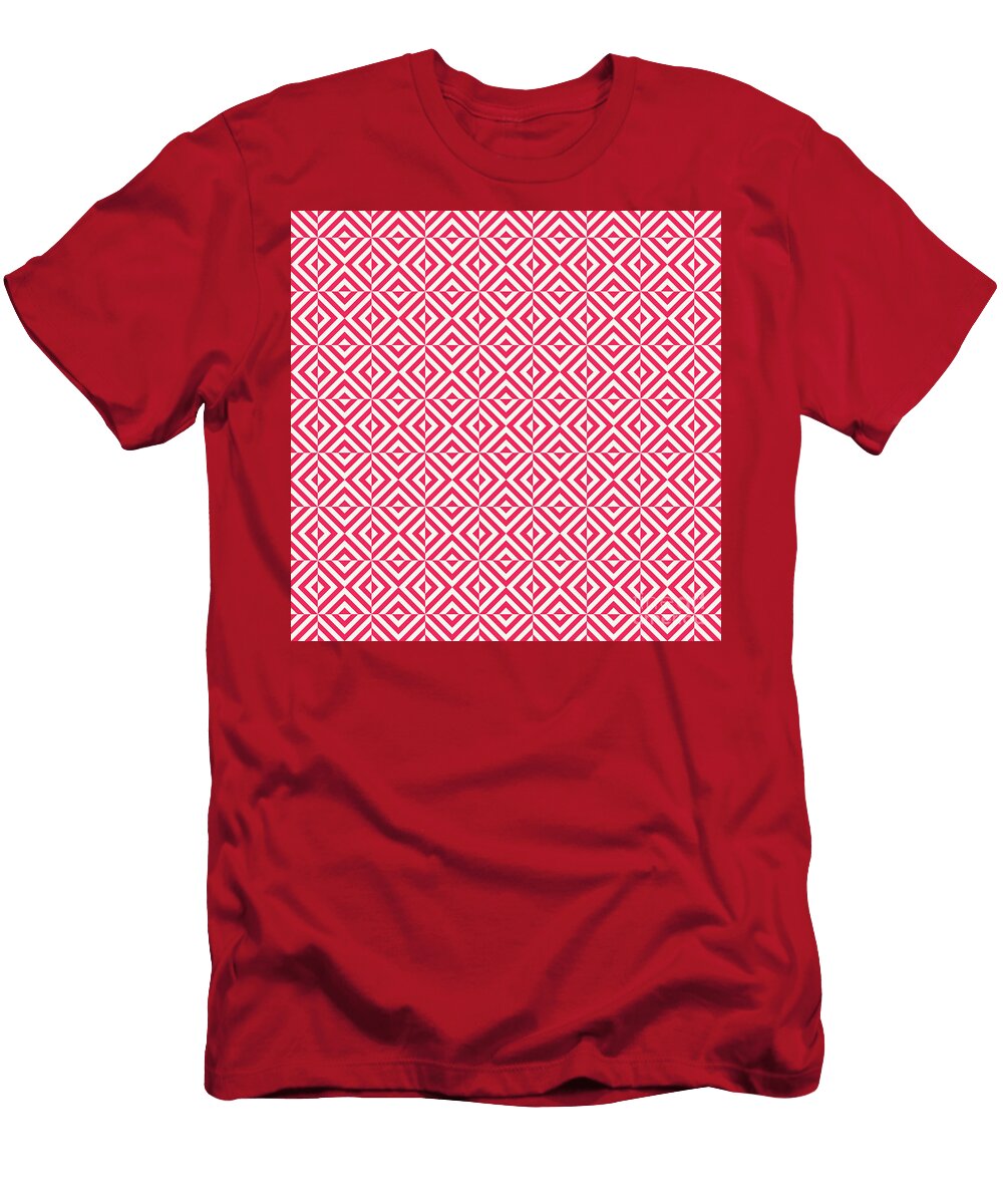 Art Deco Chevron Square Tile Pattern in Eggshell White and Ruby Pink N1194 Holy Rock Design T-Shirt