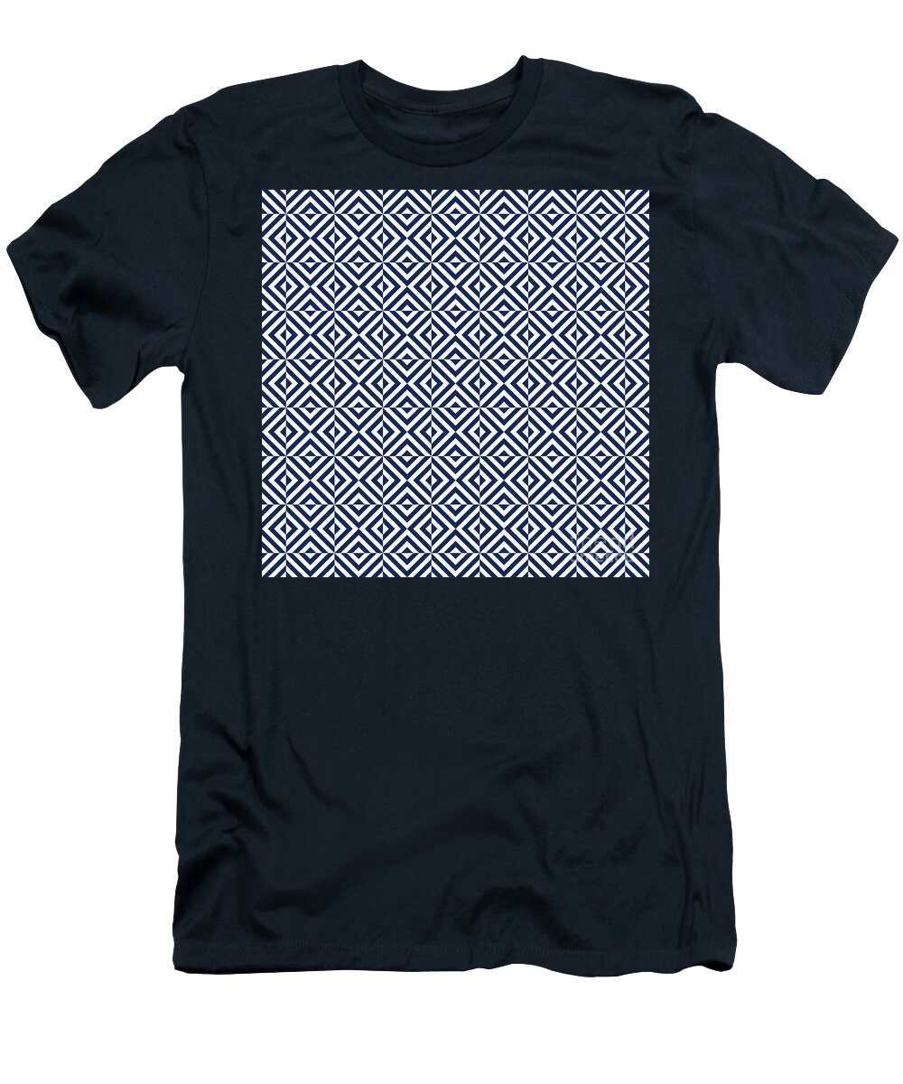 Art Deco Chevron Square Tile Pattern in Soft White and Navy Blue N0305 Holy Rock Design T-Shirt