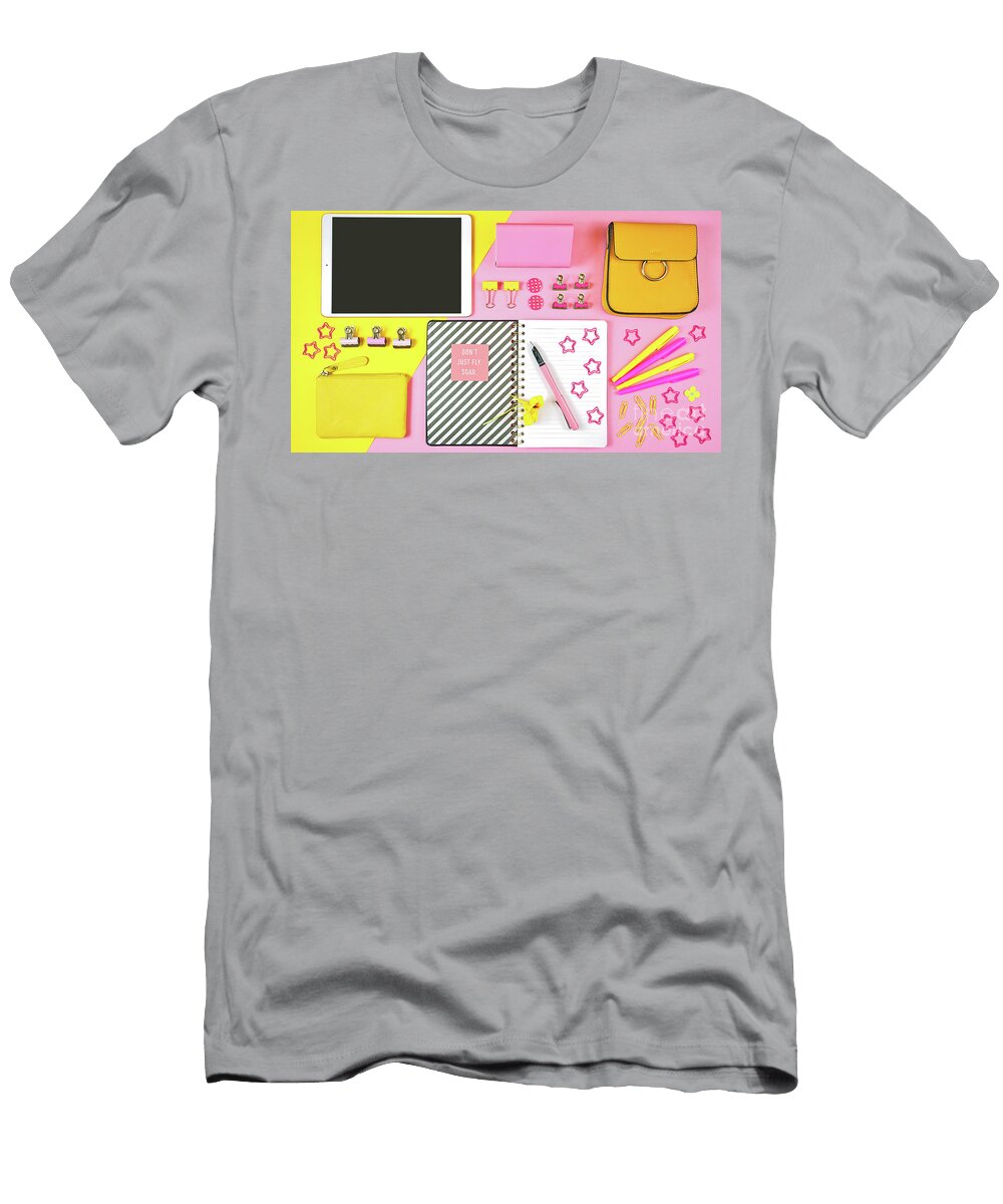 Back to School Pink and Yellow Teens Theme Concept Flat Lay Milleflore Images T-Shirt