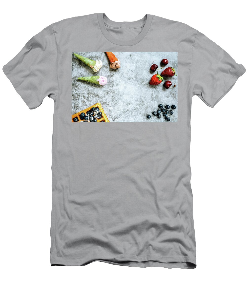 Background of Tasty and Sweet Foods with Red Fruits and Waffles Joaquin Corbalan T-Shirt