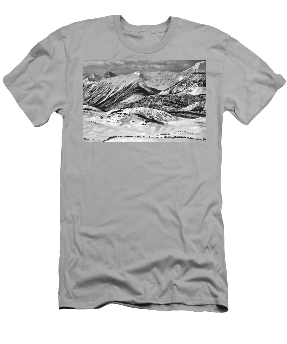 Banff Sunshine Snowy Mountain Peaks Black and White Adam Jewell T-Shirt