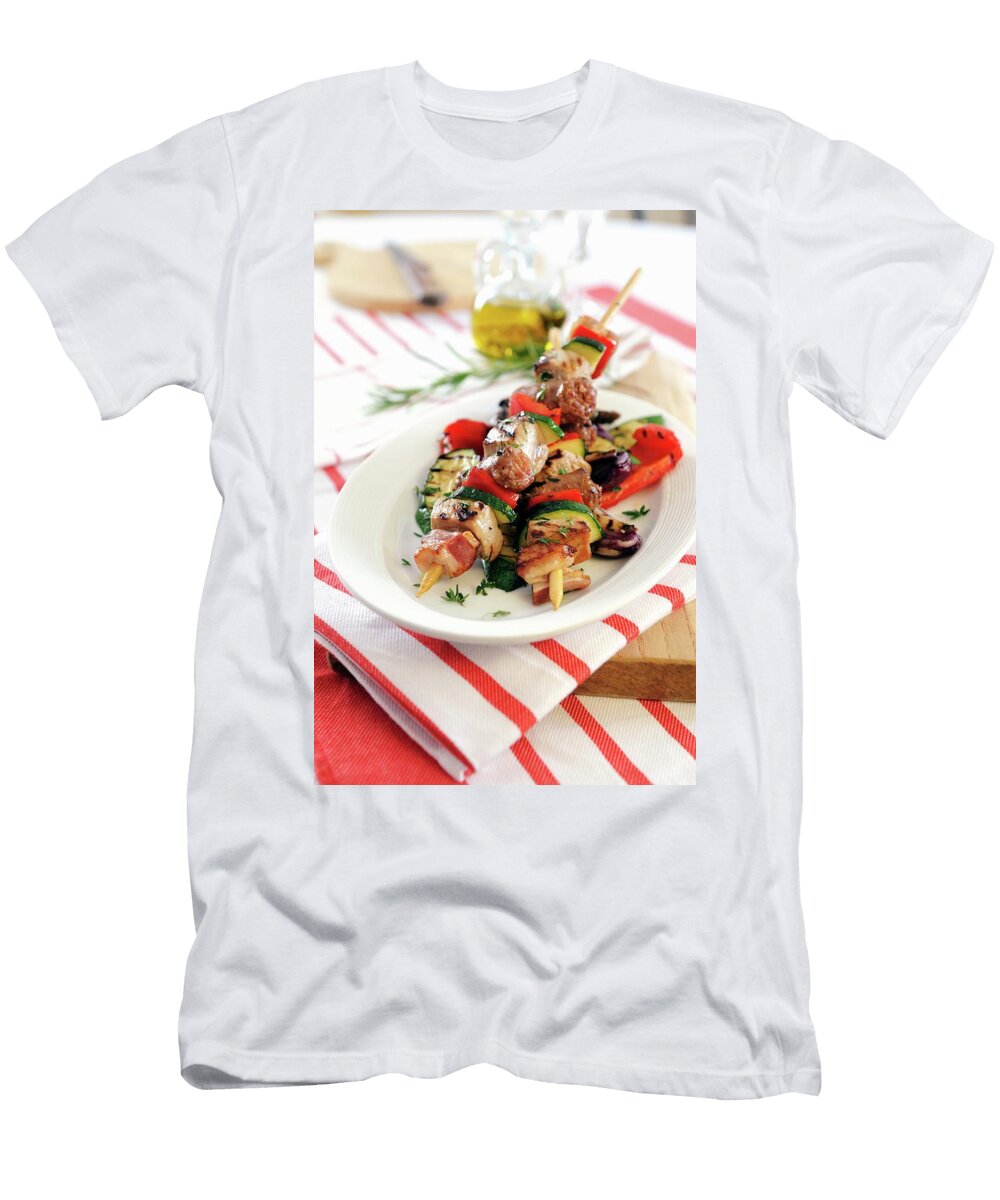 Barbecued Kebabs with Sausage Bacon and Pancetta on Grilled Vegetables Mario Matassa T-Shirt
