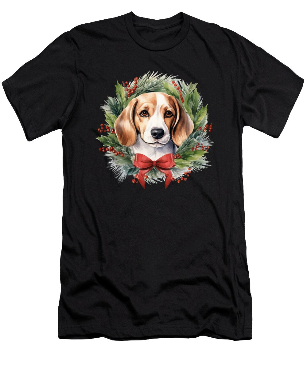 Beagle Christmas Puppy Winter Dog Wreath Red Bow Heidi Joyce T-Shirt