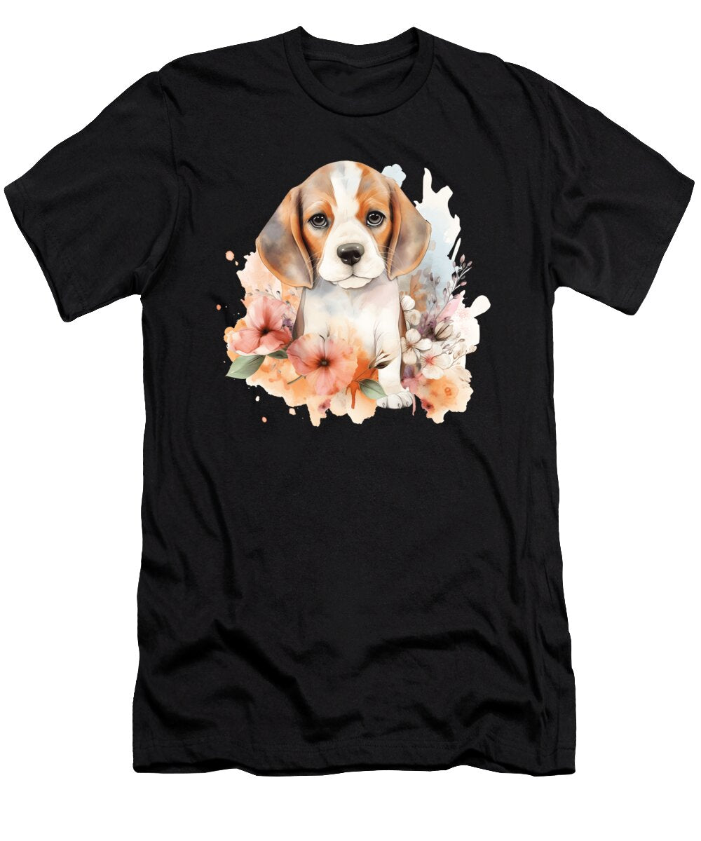 Beagle Puppy Dog Watercolor Floral Heidi Joyce T-Shirt