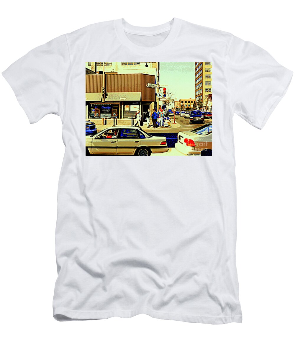 Beautys Luncheonette Deli Cafe on Mount Royal Corner St Urbain Busy Montreal Traffic City Scene Carole Spandau T-Shirt