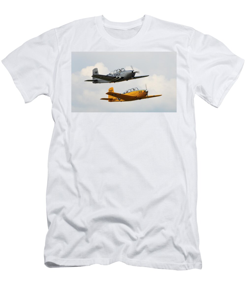 Beechcraft T 34 Mentor a Navy and Air Force Trainer Formation Fl Bruce Beck T-Shirt
