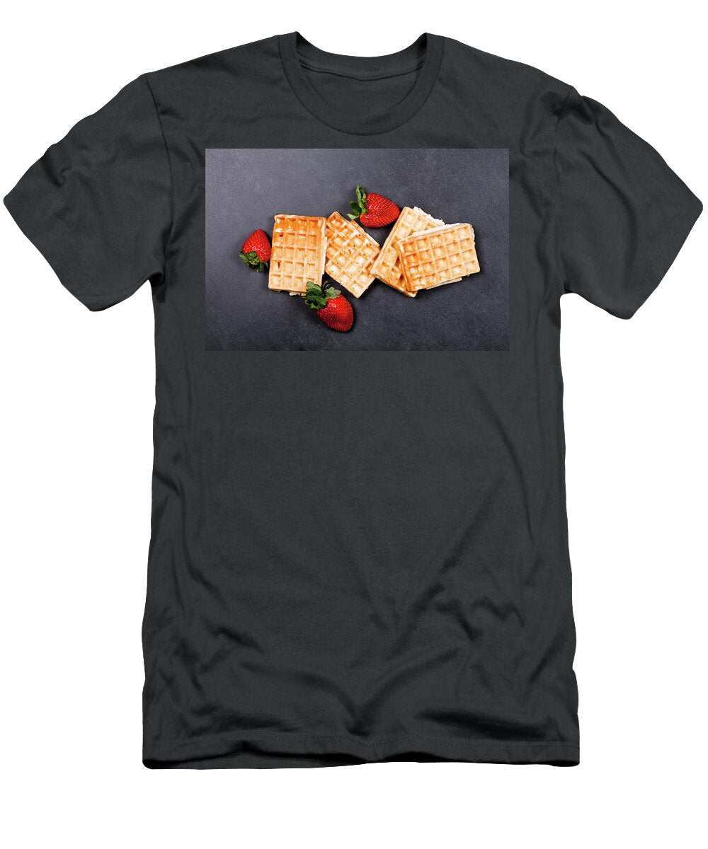 Belgium Waffers and Strawberries on Black Board Background Liss Art Studio T-Shirt