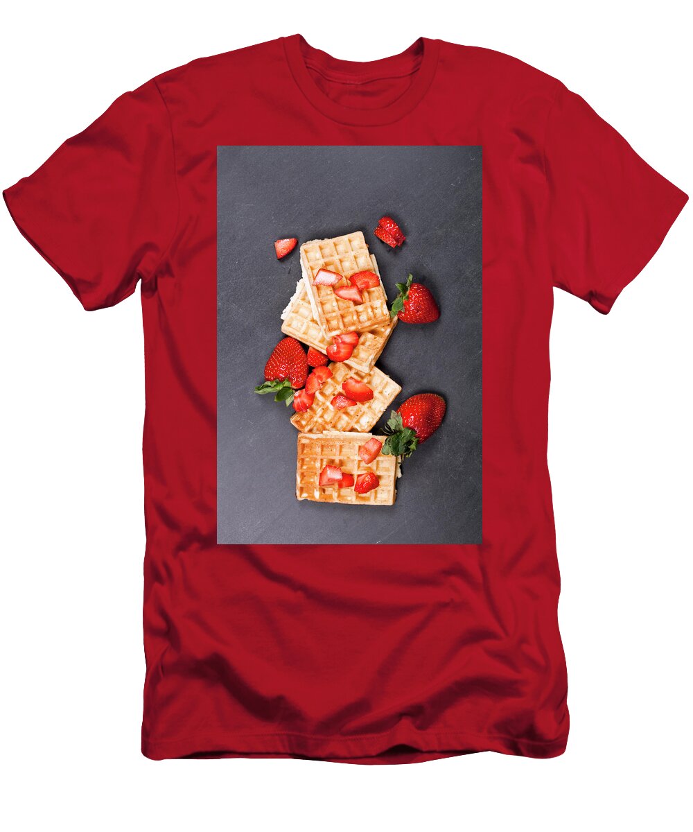 Belgium Waffers with Strawberries on Black Board Background Liss Art Studio T-Shirt