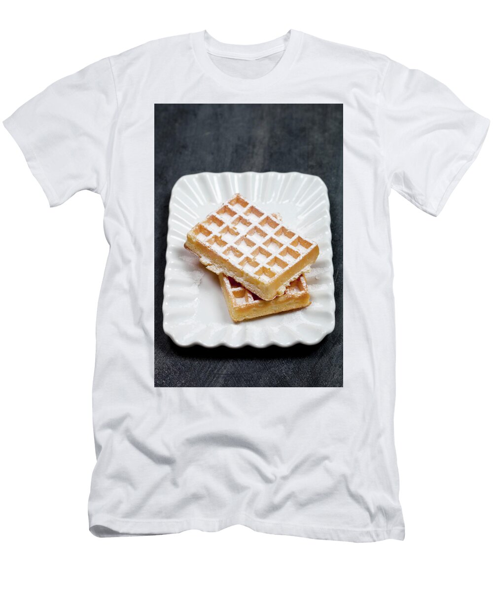 Belgium Waffers with Sugar Powder on Ceramic Plateon Black Board Liss Art Studio T-Shirt